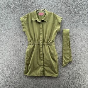 LDT Dress Womens 10 Green Heavy Cotton Blend Button Up Mini Shirt Dress